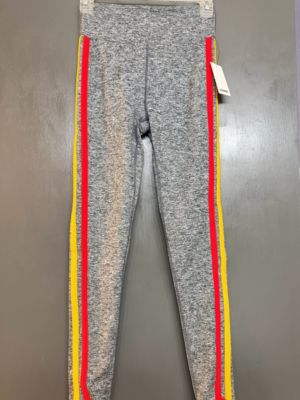 Heather Gray Leggings with Red and Yellow Side Stripes